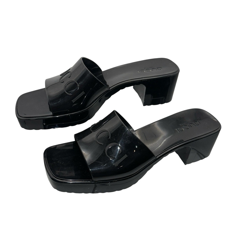 Gucci Black Jelly Slides Heeled Sandals Logo Platform Designer Shoes - Picture 2 of 10